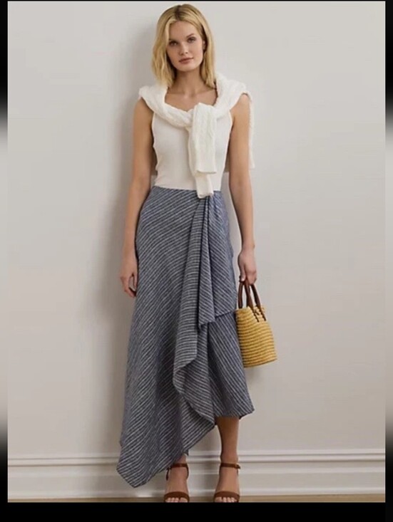 Lauren Ralph Lauren Dresses & Skirts - Lauren Ralph Lauren Blue And White Striped 100% Linen Skirt With Ruffle NWT 10